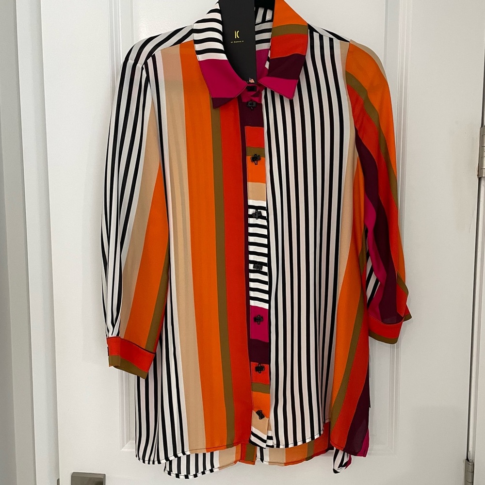 NWT IC by Connie K Striped Button Up Tunic Blouse Silky Flowy Colorful. 1